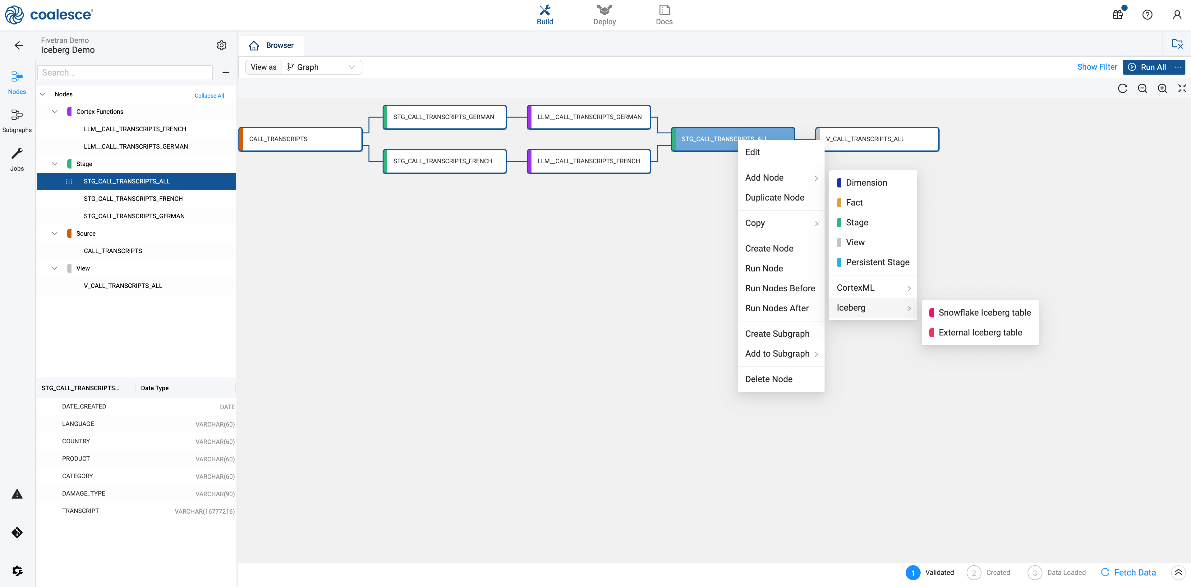 Visual data pipeline in Coalesce with option to create Snowflake Iceberg tables or external Iceberg tables directly within the interface.
