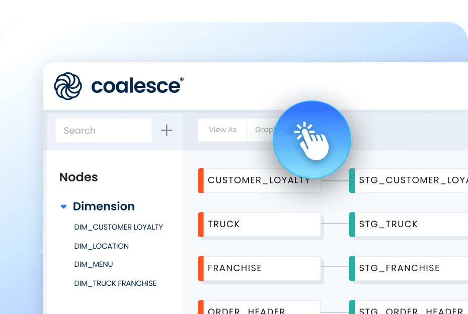 Coalesce UI showing a clickable data transformation graph with connected dimension nodes like CUSTOMER_LOYALTY, TRUCK, and FRANCHISE.