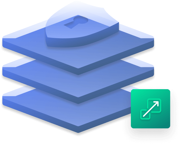 Layered data architecture visualization showing multiple blue data layers with a green scaling icon, representing Coalesce's scalable data governance solution