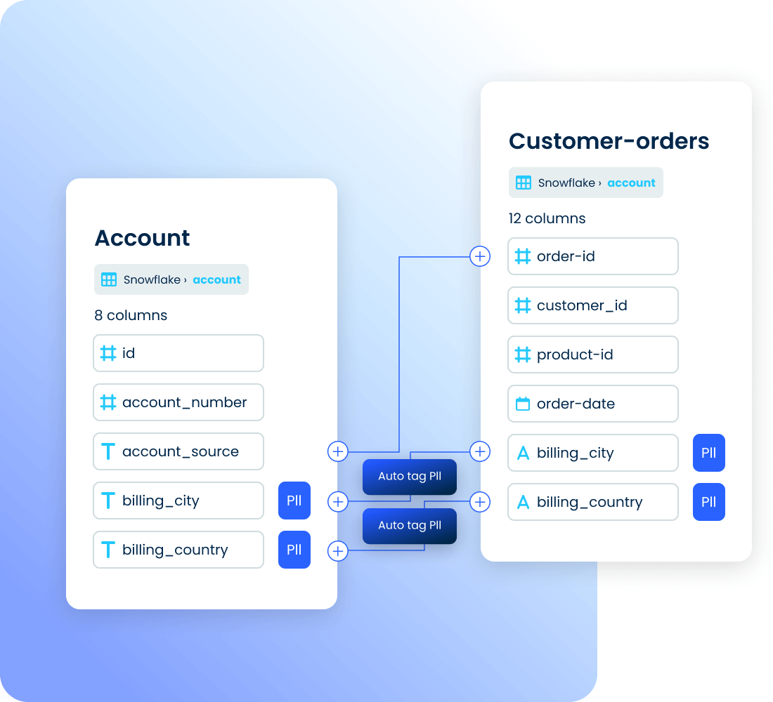 Data relationship visualization between Account and Customer-orders tables showing field mappings and join connections for Coalesce data catalog solution navigation